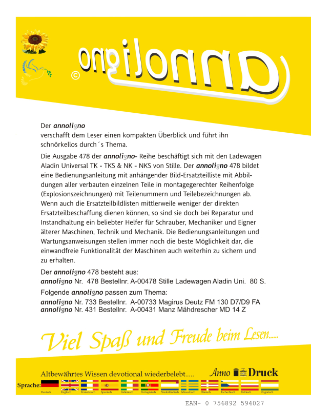 STILLE Ladewagen Typ Aladin Universal TK/TKS & NK/NKS  Bild- Ersatzteilliste & Explosionszeichnungen - annoligno 478